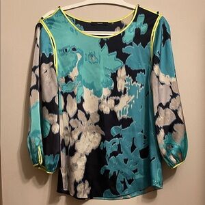 Tahari Teal and Black Floral Blouse